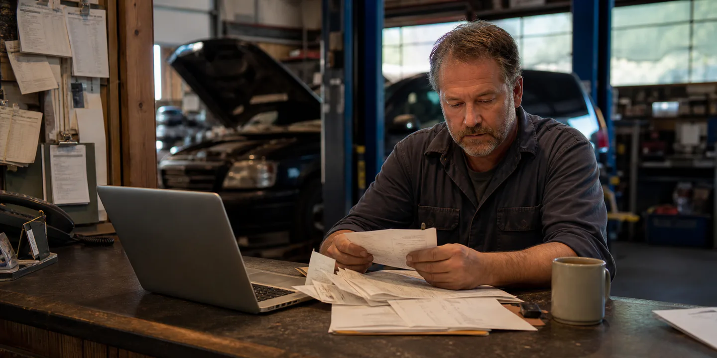 An auto shop owner reads receipts next to a laptop
