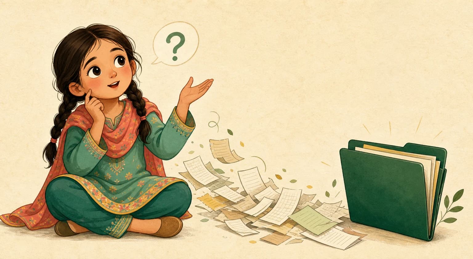 A cartoon of a girl beside loose book papers and one green folder